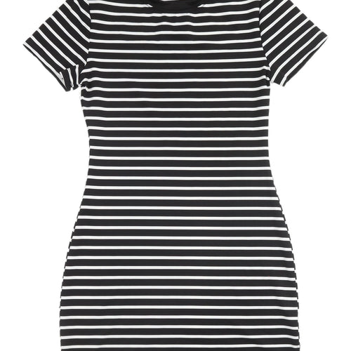 FANCYQUBE Women's Black Striped Bodycon Dress S