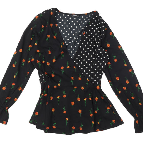 Quiz Women's Black Floral Polka Dot Wrap Blouse Size 8