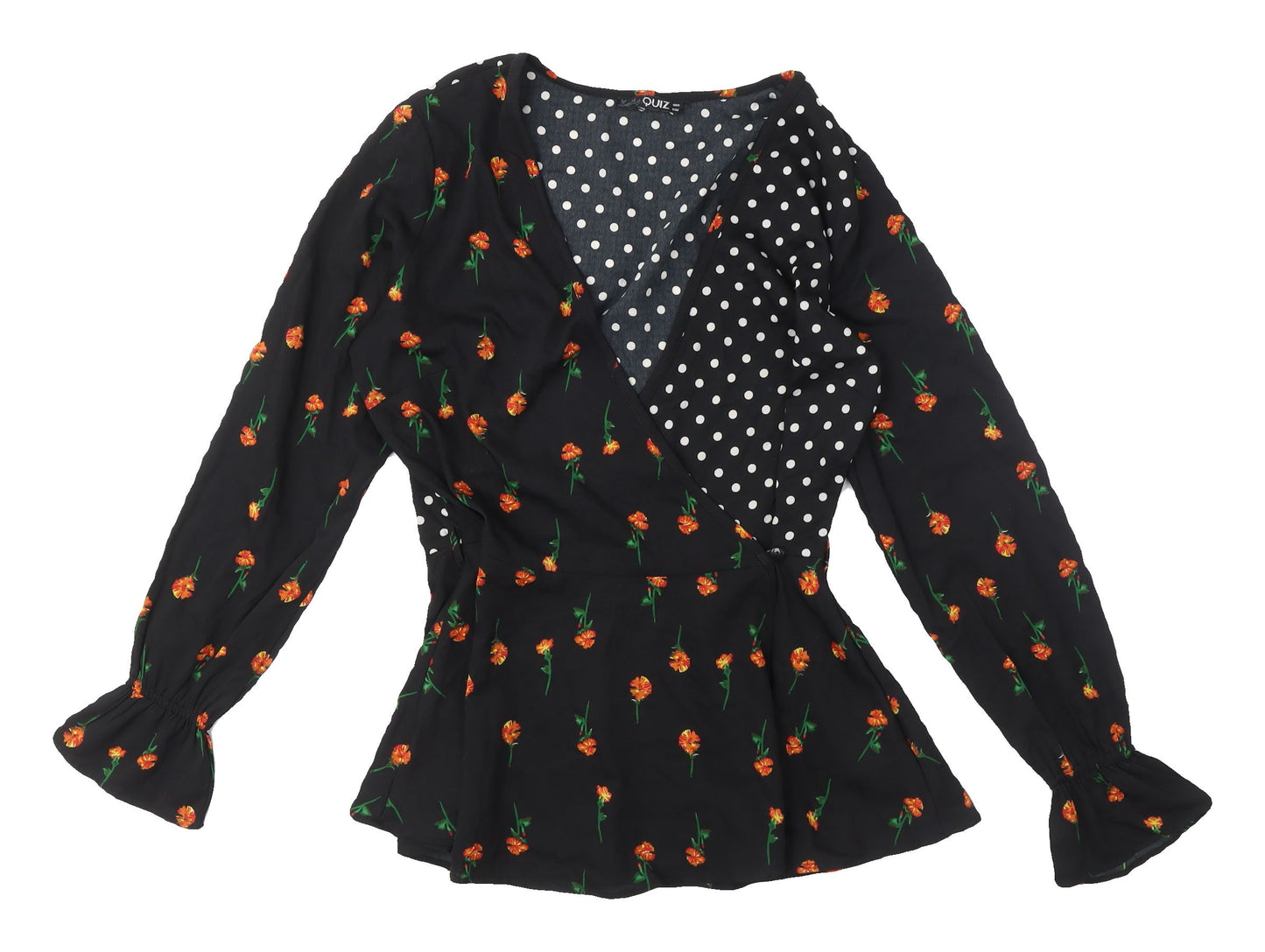 Quiz Women's Black Floral Polka Dot Wrap Blouse Size 8