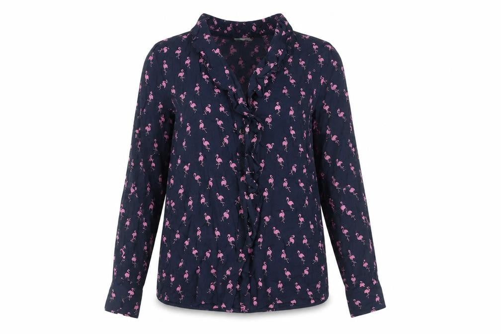 Front view of re.draft Women's Blue Flamingo Print Tunic Blouse, size 8