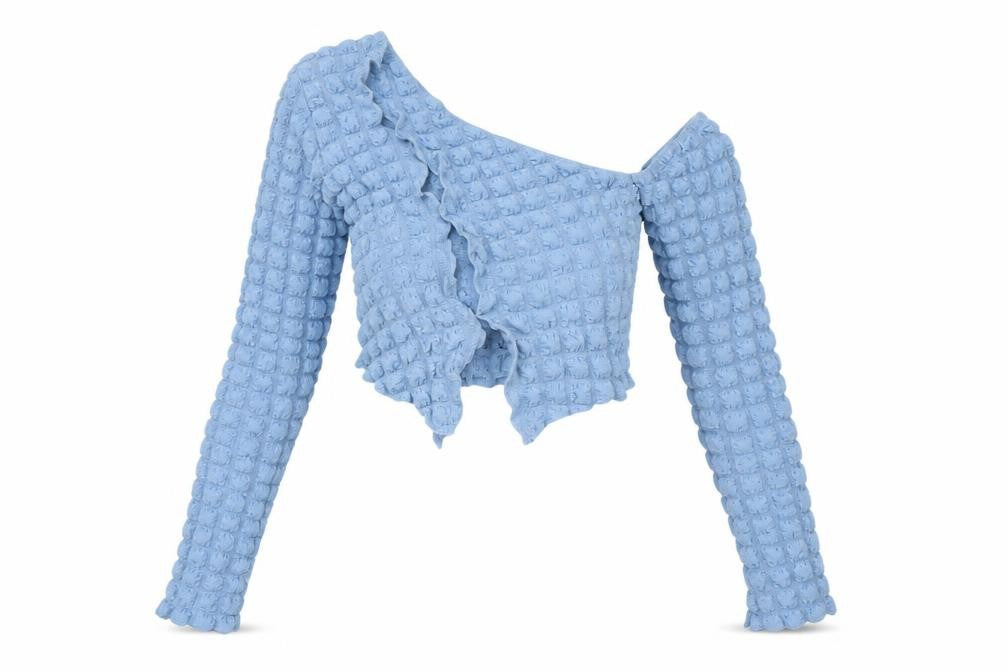 Front view of Fashion Nova Women's Blue Cropped Asymmetrical Blouse M
