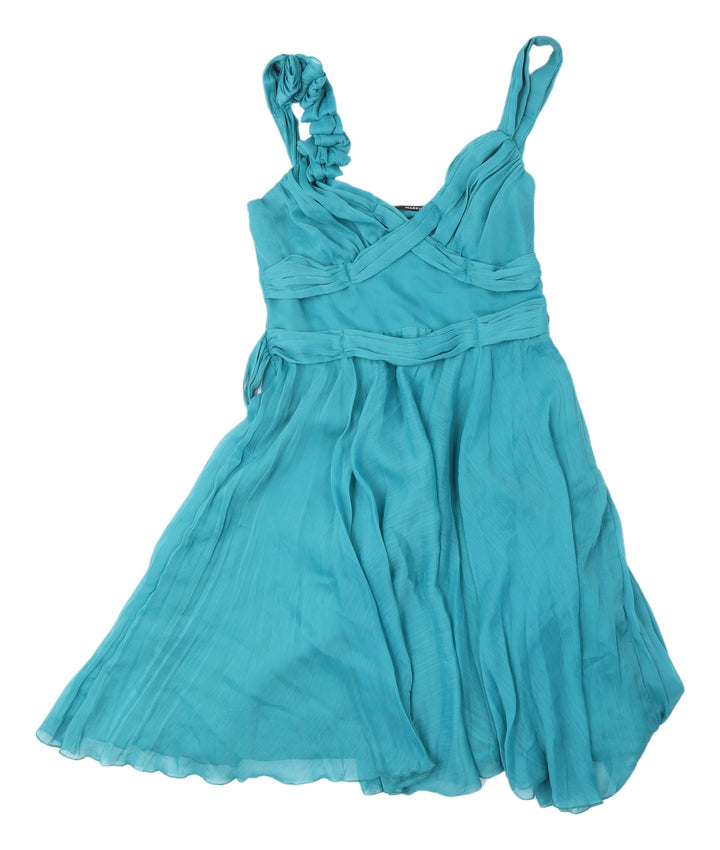 Warehouse Blue Fit & Flare V-Neck Cocktail Dress
