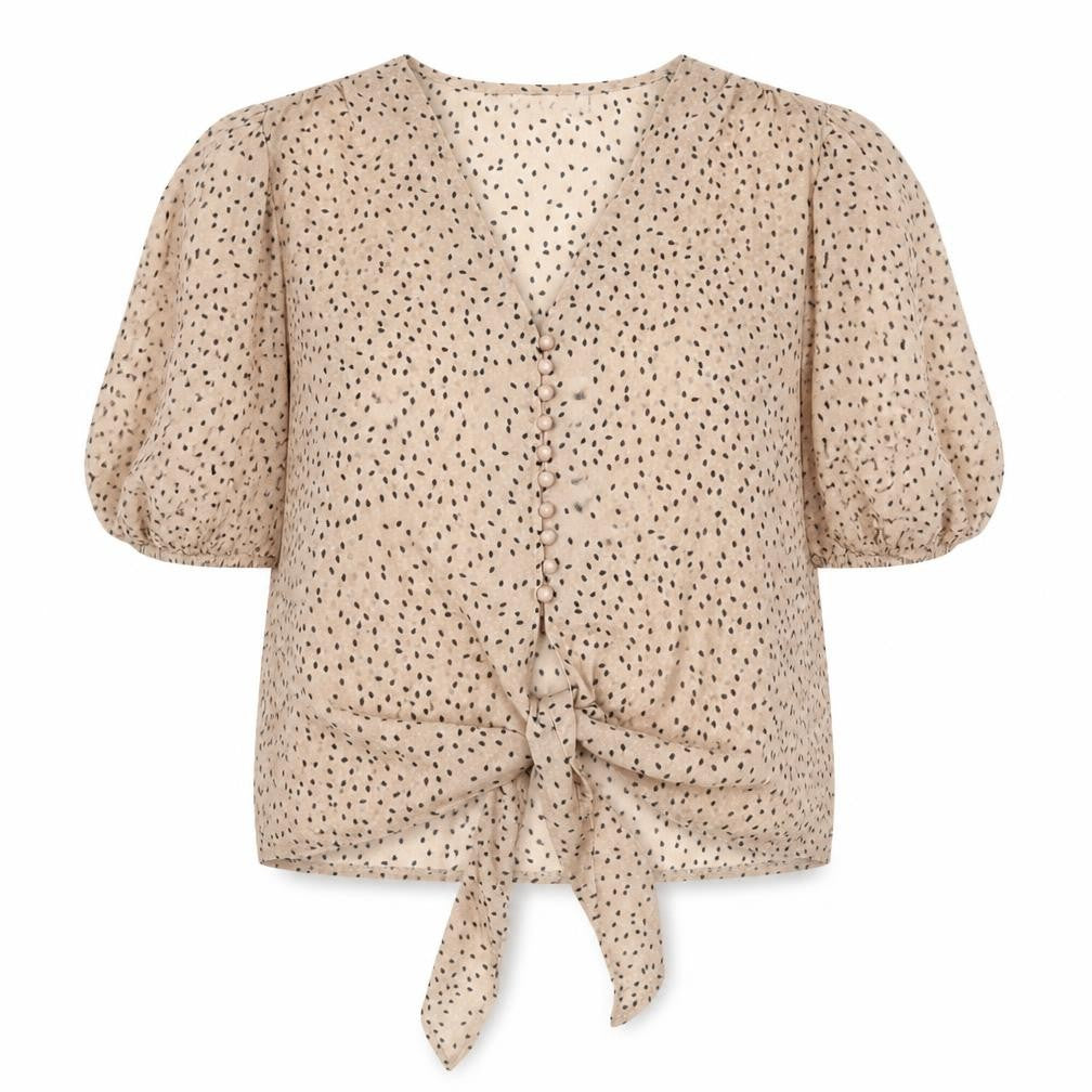 Front view of Tenki Women's Beige Animal Print Wrap Blouse