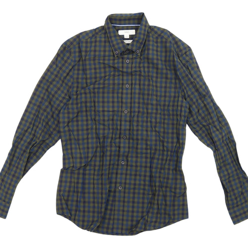 Marks and Spencer Men's Blue Check Button-Up Shirt S