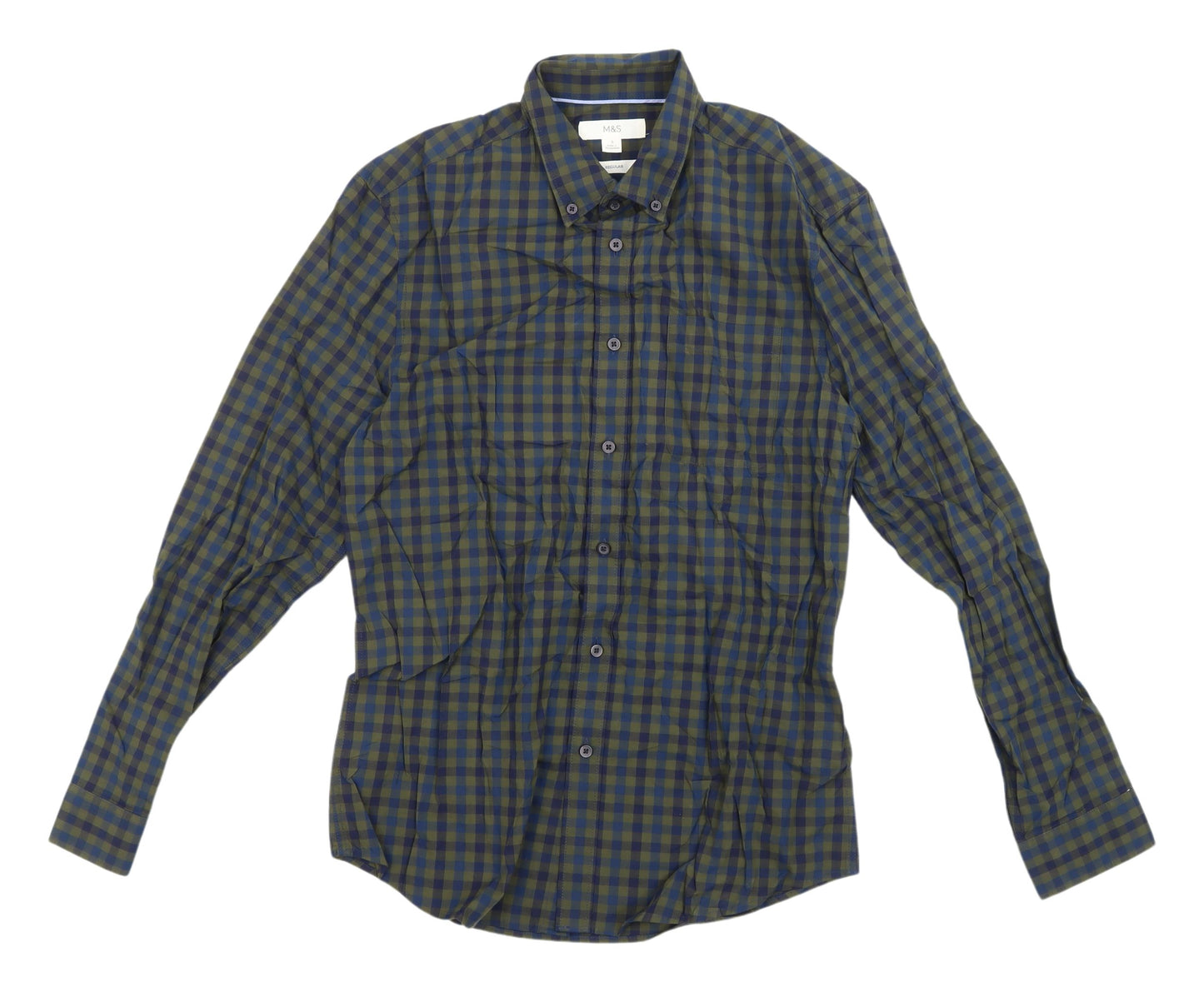 Marks and Spencer Men's Blue Check Button-Up Shirt S