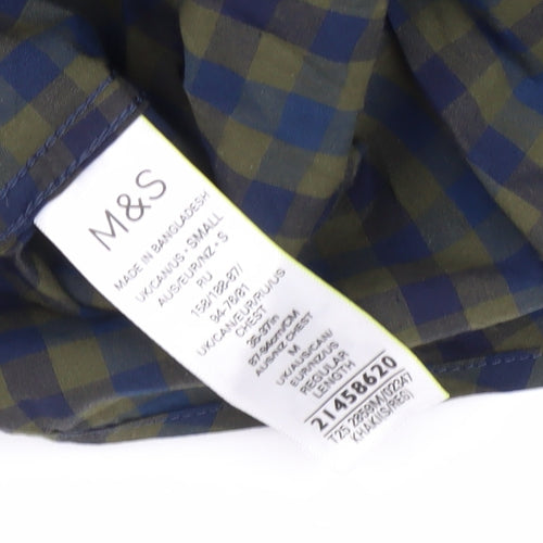 Marks and Spencer Men's Blue Check Button-Up Shirt S