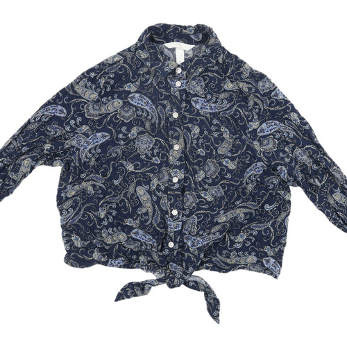 H&M Women's Blue Paisley Button-Up Cropped Shirt