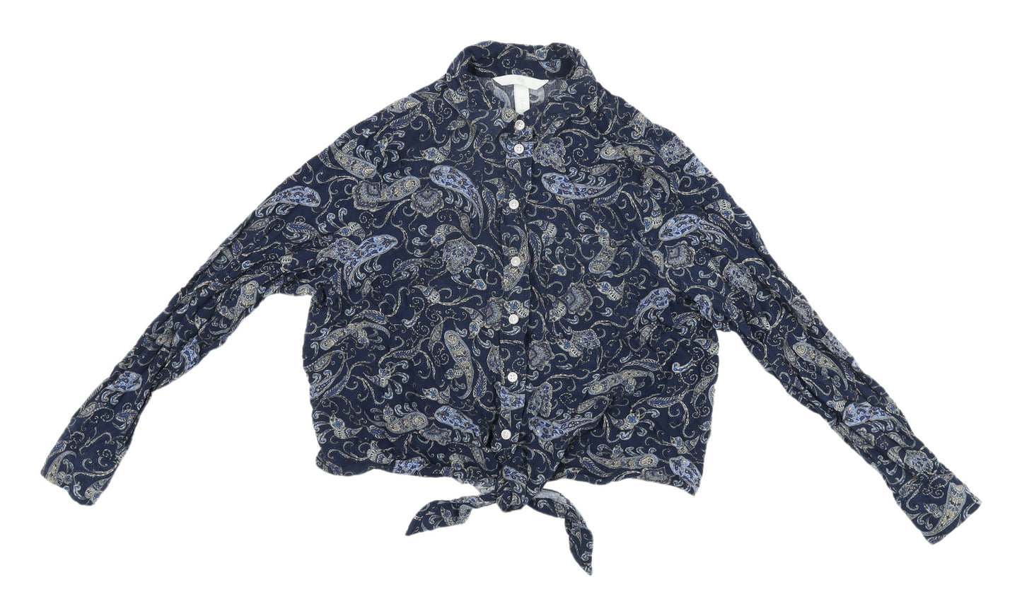 H&M Women's Blue Paisley Button-Up Cropped Shirt
