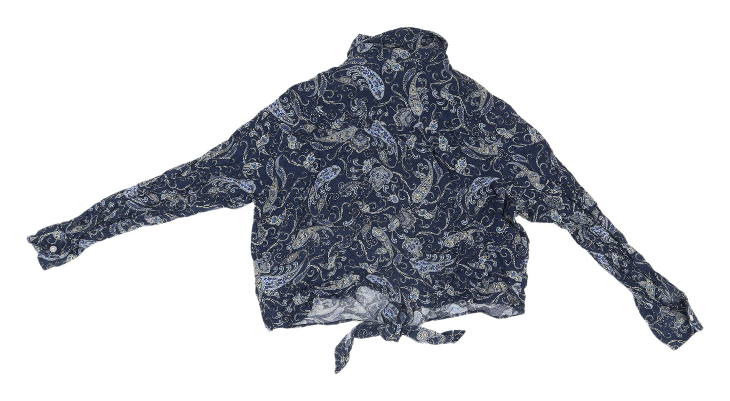 H&M Women's Blue Paisley Button-Up Cropped Shirt