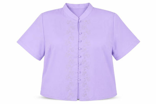 Front view of Isabelle Women's Purple Blouse, size 18, Short Sleeve