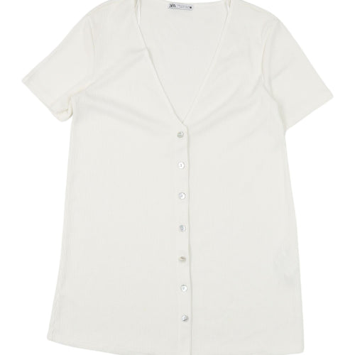 Zara Women's White V-Neck Button-Up Top M