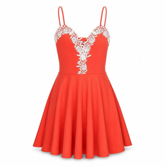 Front view of EVITA Women's Orange Lace Fit & Flare Mini Dress