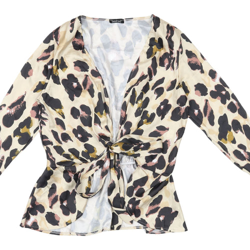 Boohoo Women's Beige Animal Print Wrap Top Size 14