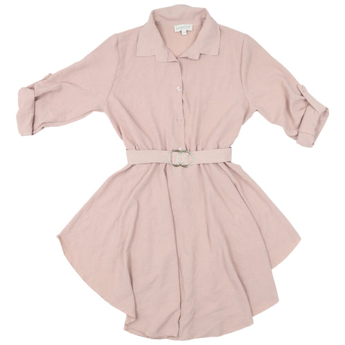 Apricot Pink Shirt Dress, S/M, Collared, Belted, Casual Women's