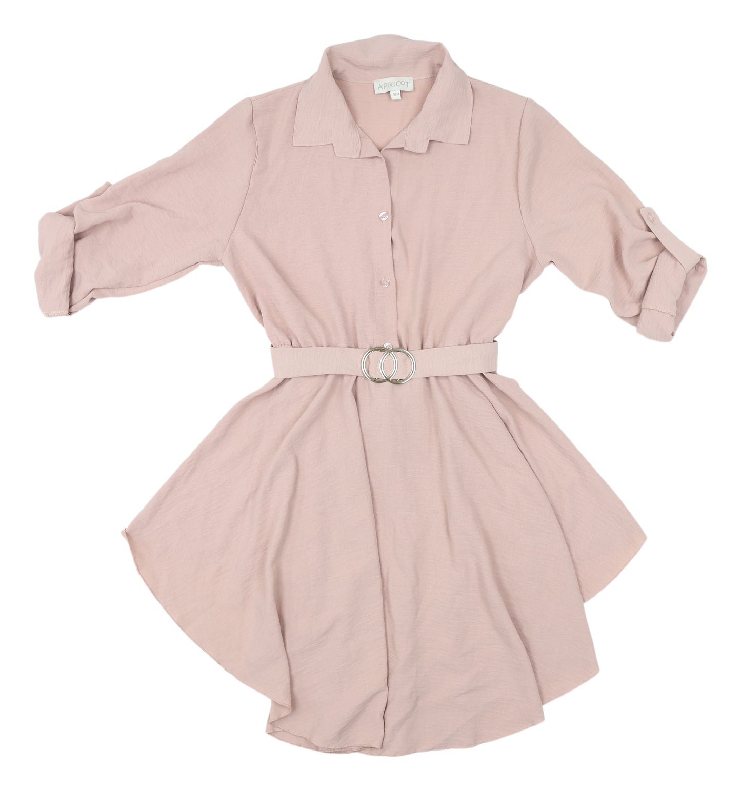 Apricot Pink Shirt Dress, S/M, Collared, Belted, Casual Women's