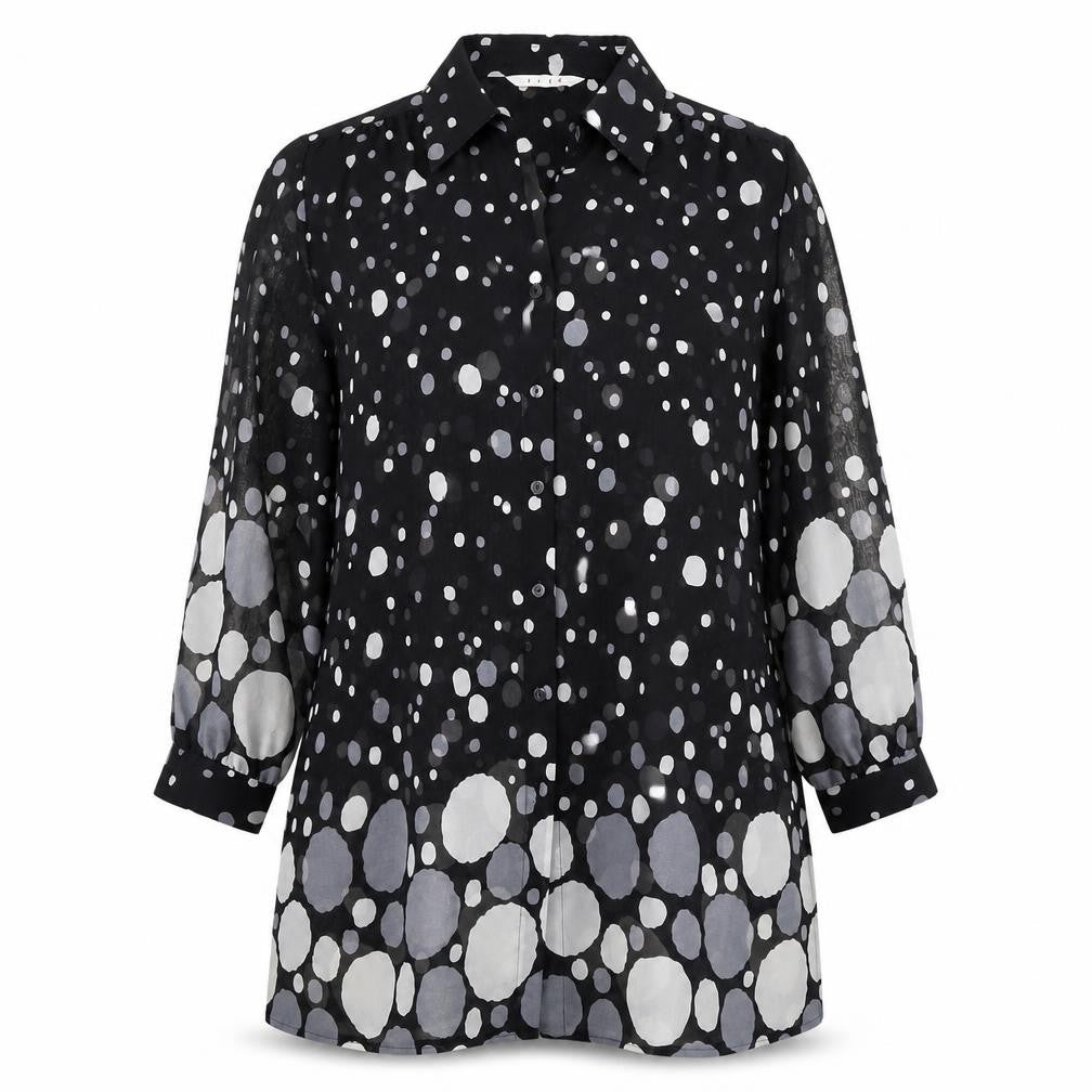 Front view of ELVI Women's Black Polka Dot Blouse, size 16, Button Accents