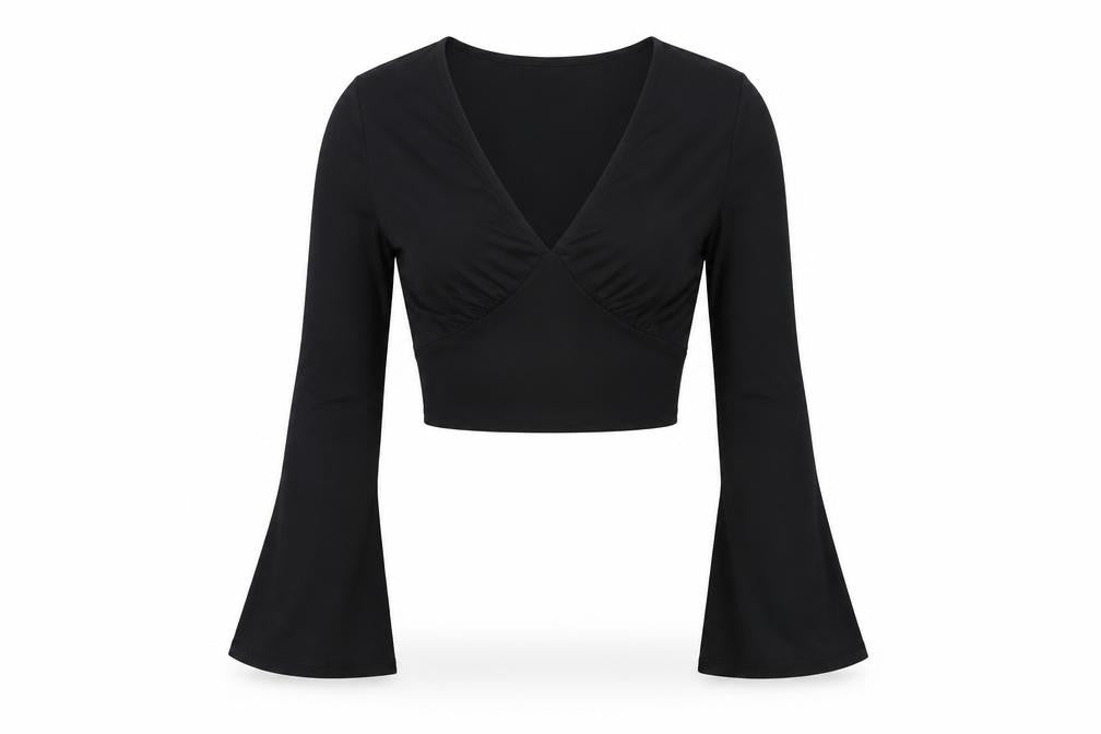 Front view of New Look Black Cropped Blouse V-Neck Flared Sleeve