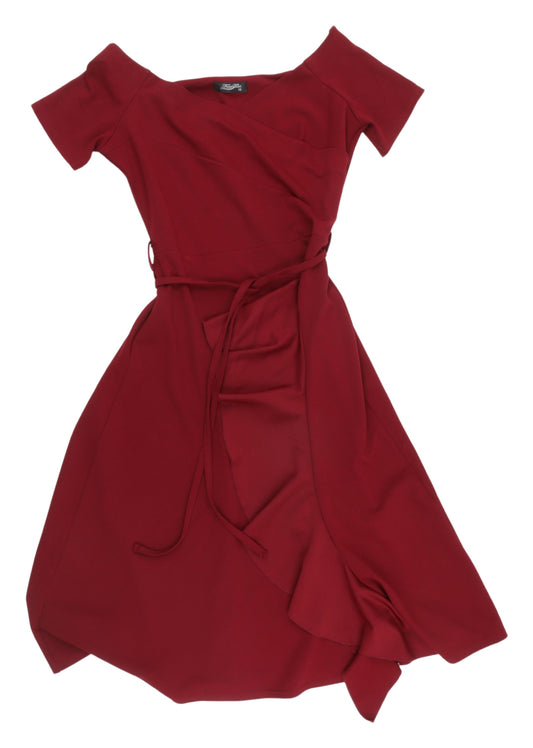 FeverFish Women's Red Off the Shoulder Wrap Dress - Size 14