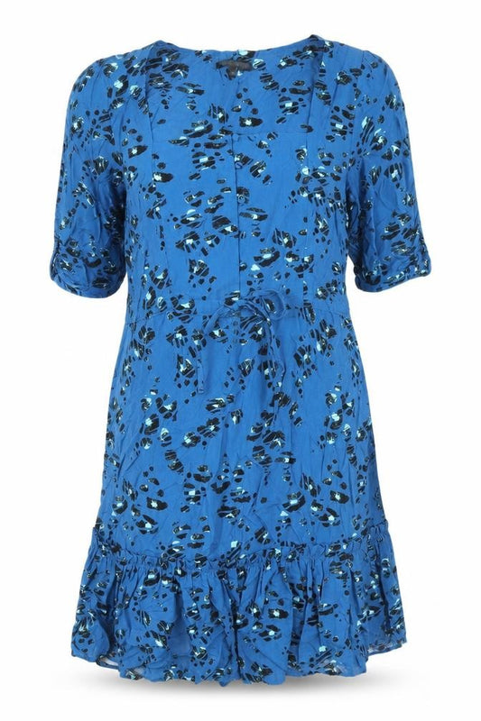 Front view of Next Petite Women's Blue Geometric Dress, size 12