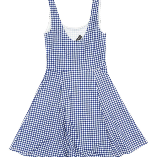 H&M Women's Blue Gingham Skater Mini Dress Size 4