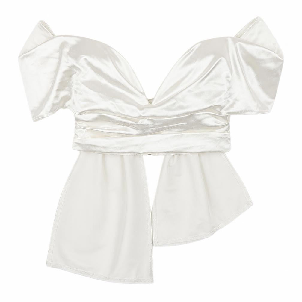 Front view of PRETTYLITTLETHING White Satin Bow Wrap Blouse UK 8