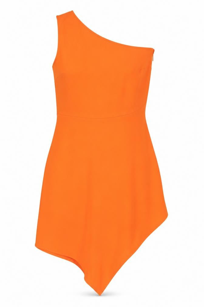 Front view of Warehouse Women's Orange One Shoulder Asymmetric Dress 12