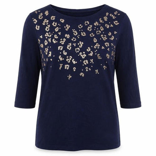 Encuentro Blue Sequin T-Shirt Women L 3/4 Sleeve