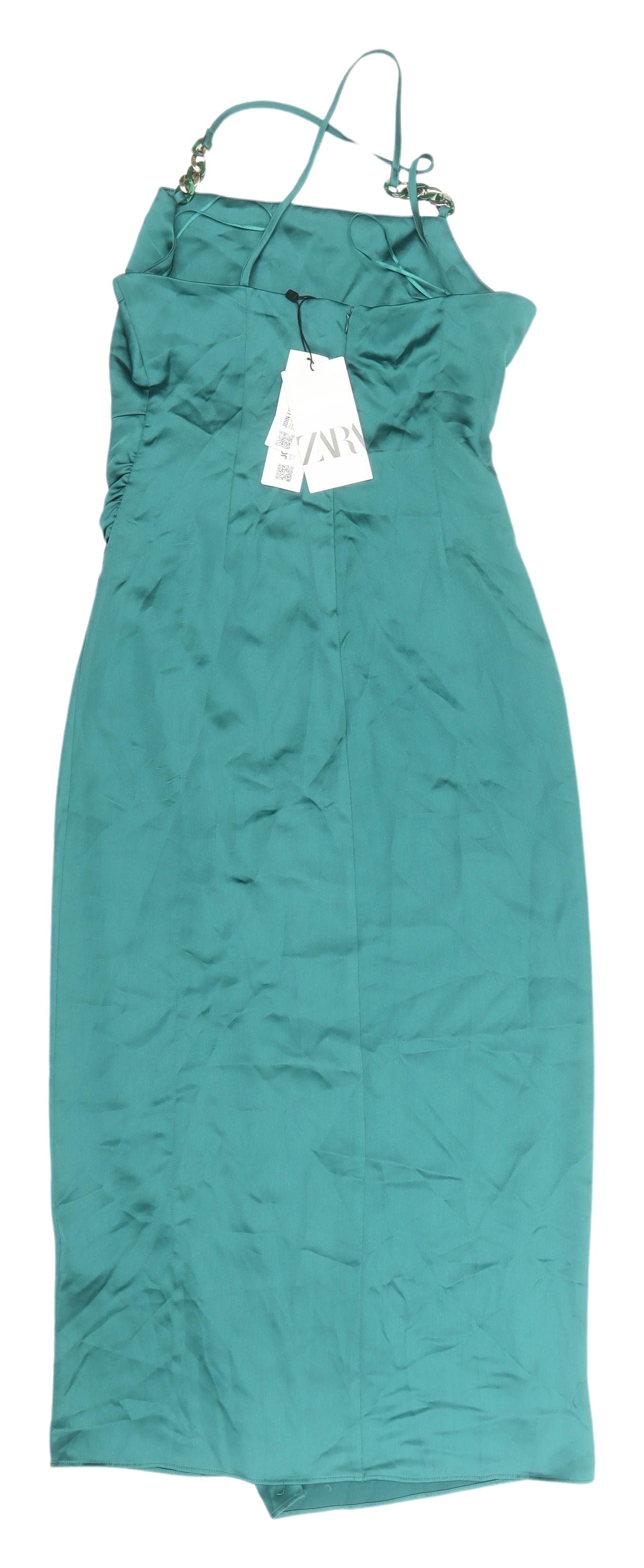 Zara Women's Green Satin Slip Dress UK 8