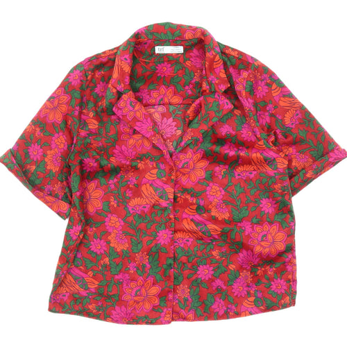 Zara Women's Red Floral Button-Up Shirt - Size 10