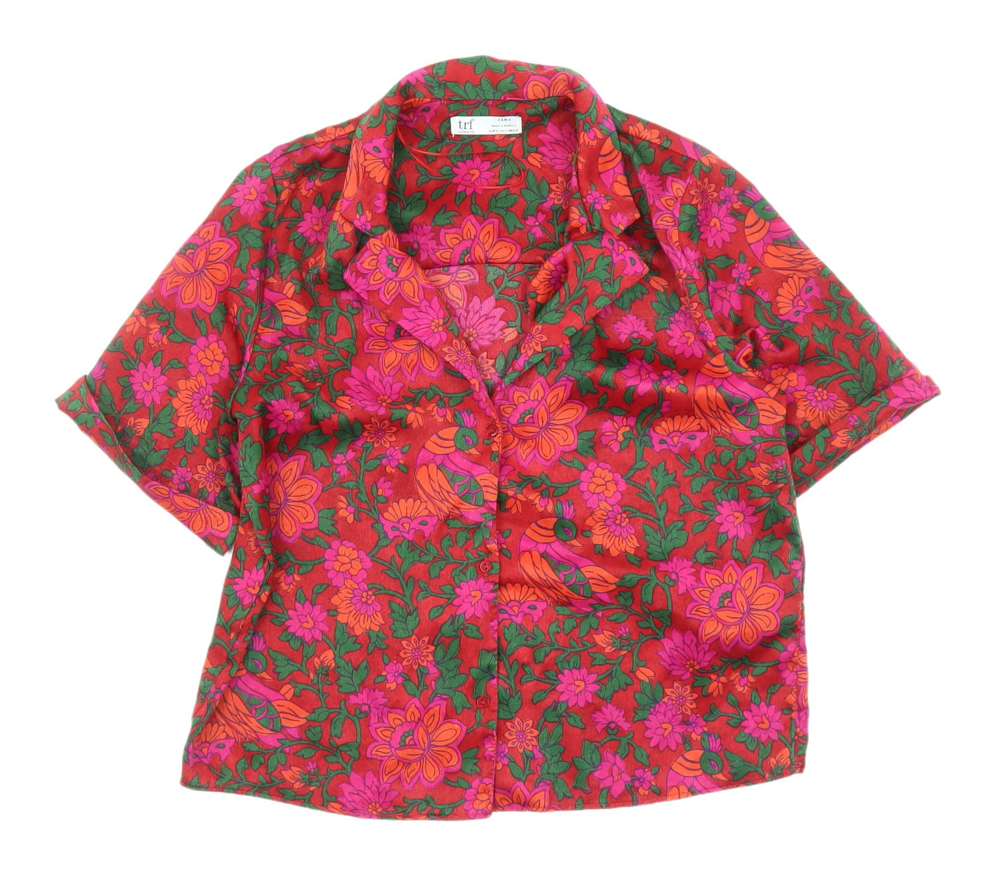 Zara Women's Red Floral Button-Up Shirt - Size 10