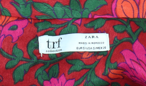 Zara Women's Red Floral Button-Up Shirt - Size 10