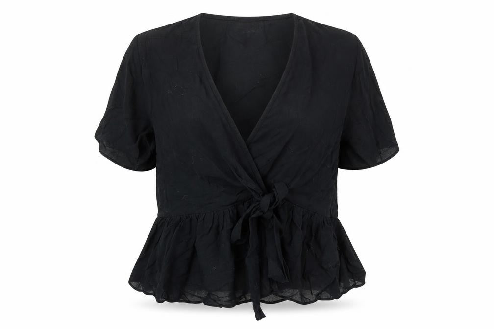 Front view of ASOS Women's Black Wrap Blouse, size 12, V-Neck