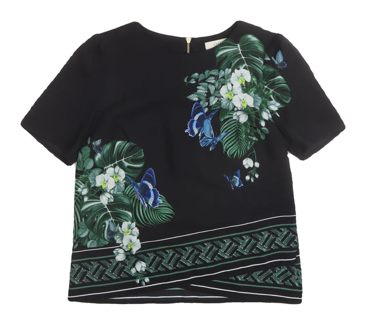 Oasis Women's Black Floral Blouse UK 8 Short Sleeve