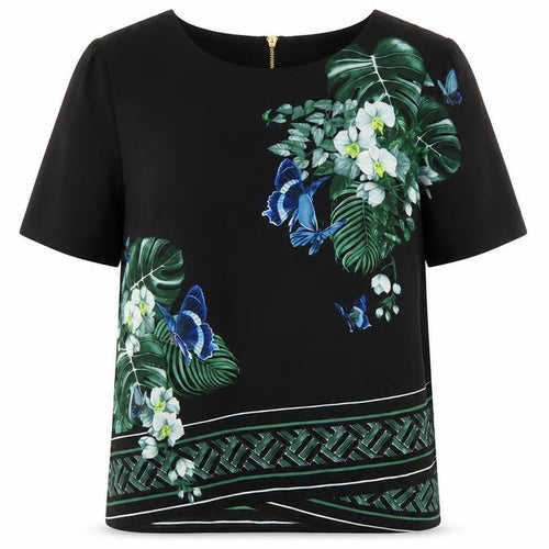 Oasis Women's Black Floral Blouse UK 8 Short Sleeve