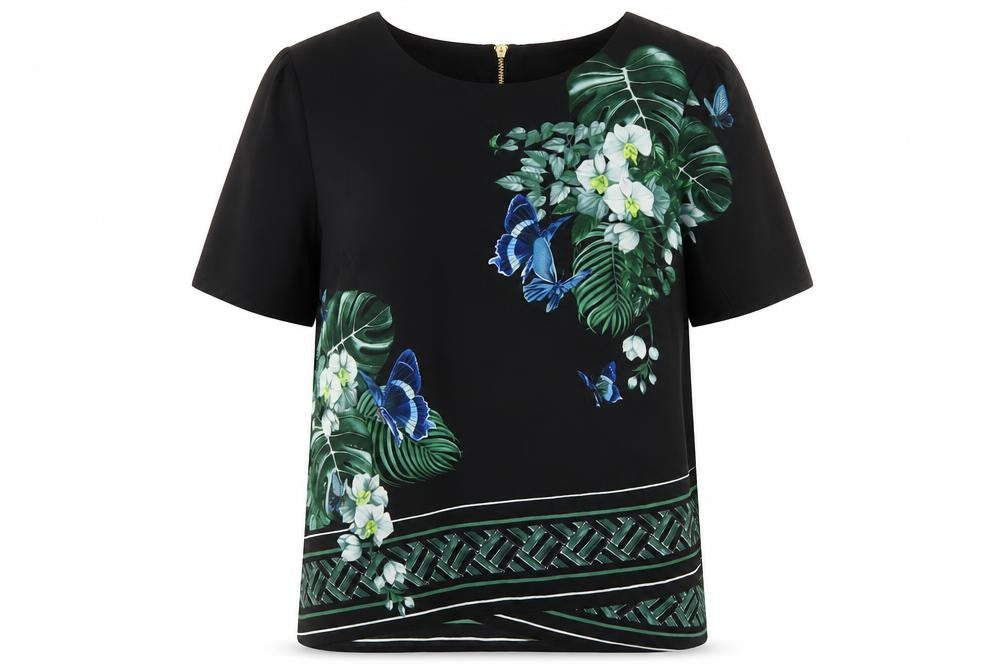 Oasis Women's Black Floral Blouse UK 8 Short Sleeve