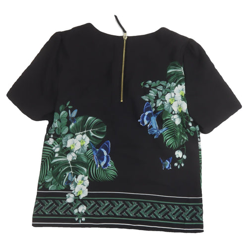 Oasis Women's Black Floral Blouse UK 8 Short Sleeve