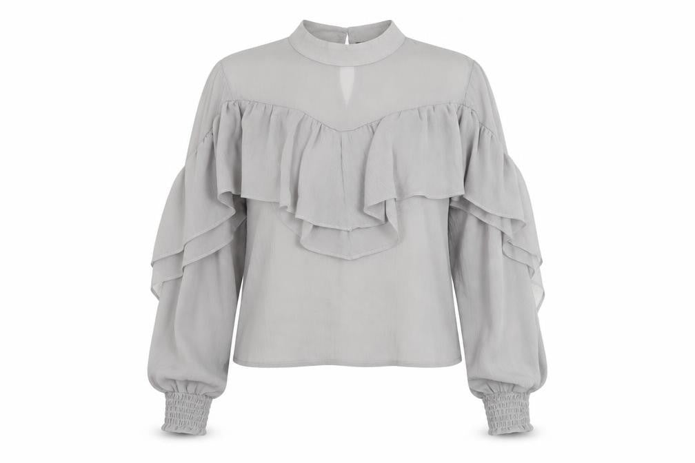 Front view of Missguided Women Grey Cropped Blouse with Ruffle Accents