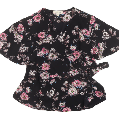 Monteau Women's Black Floral Wrap Blouse Size L