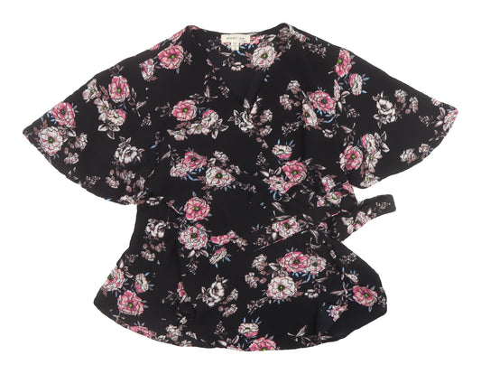 Monteau Women's Black Floral Wrap Blouse Size L