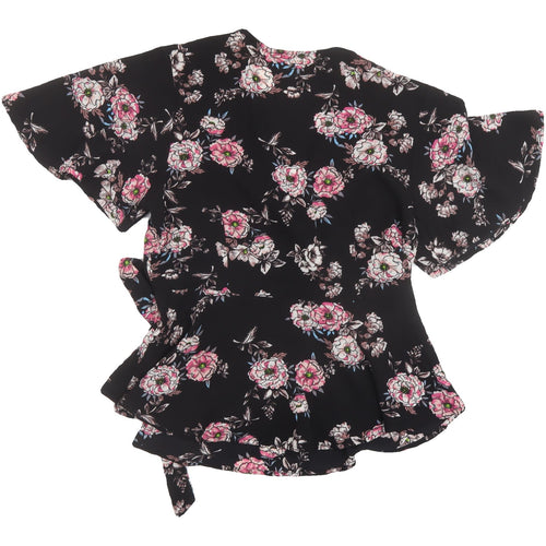 Monteau Women's Black Floral Wrap Blouse Size L