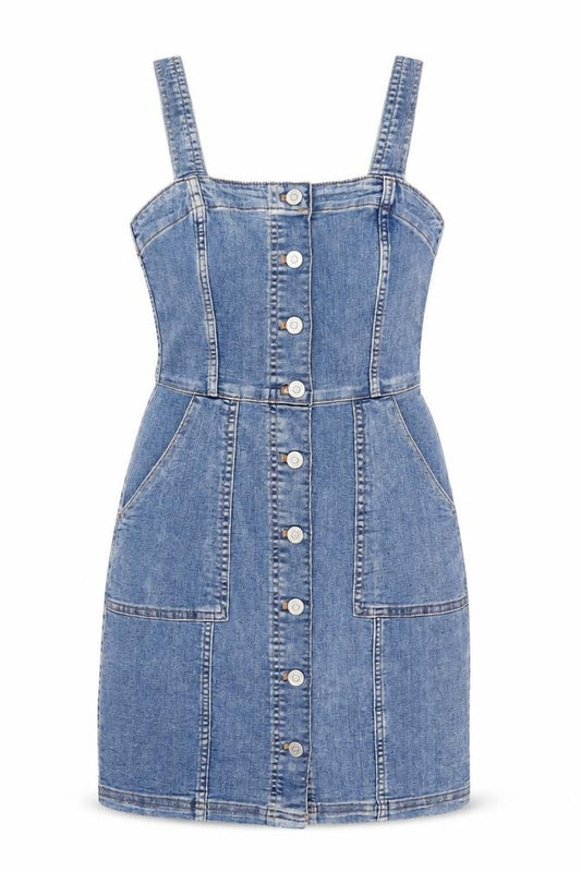 Front view of H&M Women’s Blue Denim Pinafore Dress, size UK 6