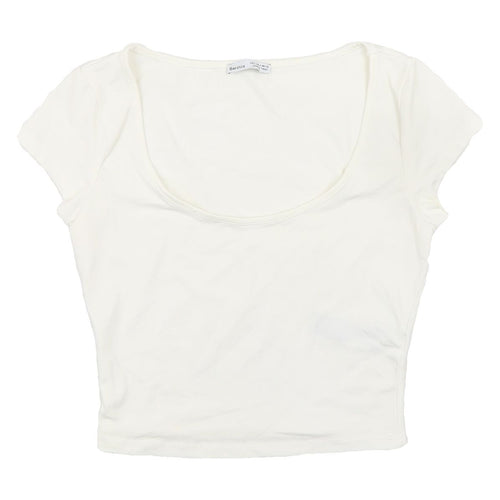 Bershka Women's White Cropped T-Shirt, Size S, Stretch Fit