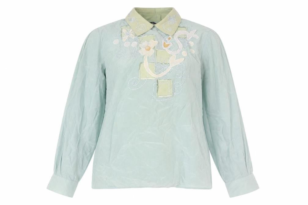 Front view of I.B. Diffusion Women's Green Silk Embroidered Blouse UK 10