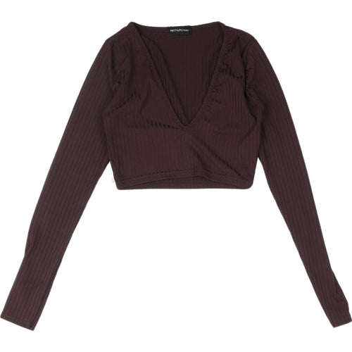PrettyLittleThing Brown Cropped Blouse - Size 6, V-Neck