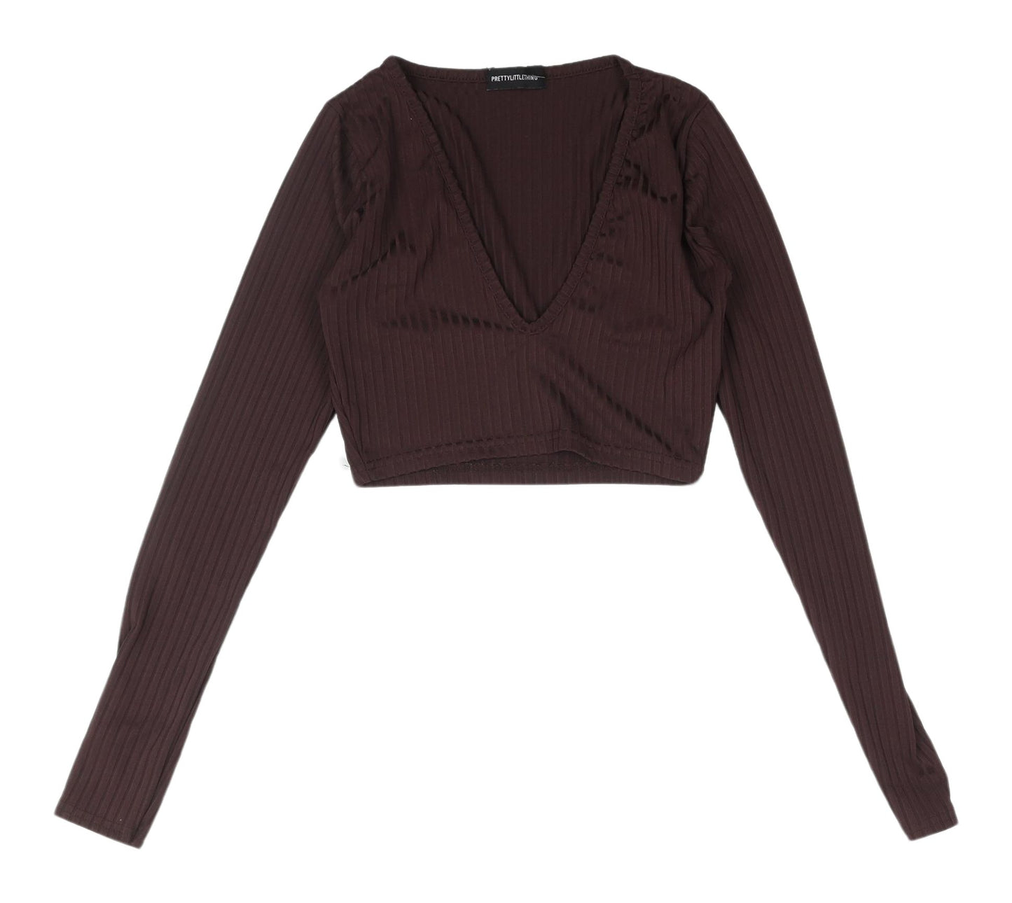 PrettyLittleThing Brown Cropped Blouse - Size 6, V-Neck