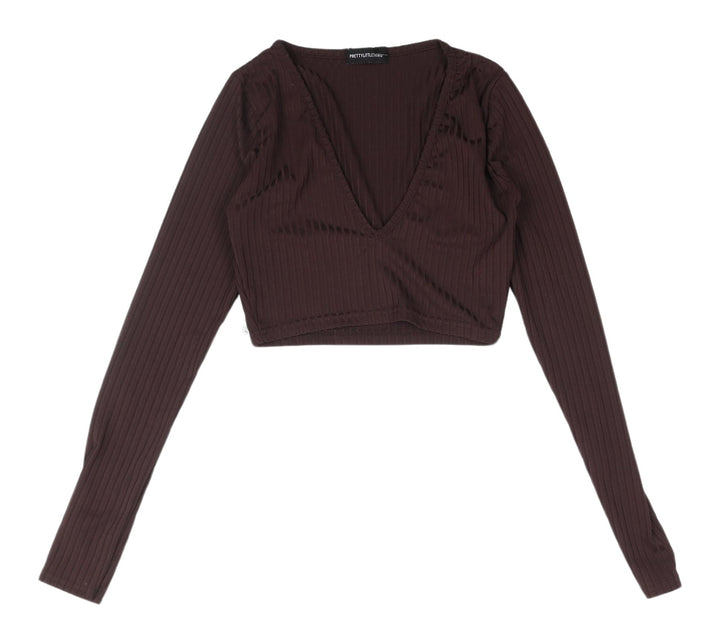 PrettyLittleThing Brown Cropped Blouse - Size 6, V-Neck