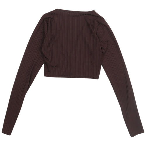 PrettyLittleThing Brown Cropped Blouse - Size 6, V-Neck
