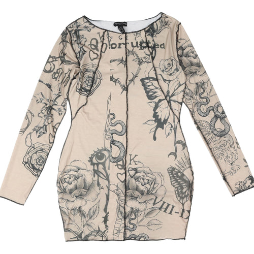 PrettyLittleThing Beige Graphic Bodycon Dress Size 12