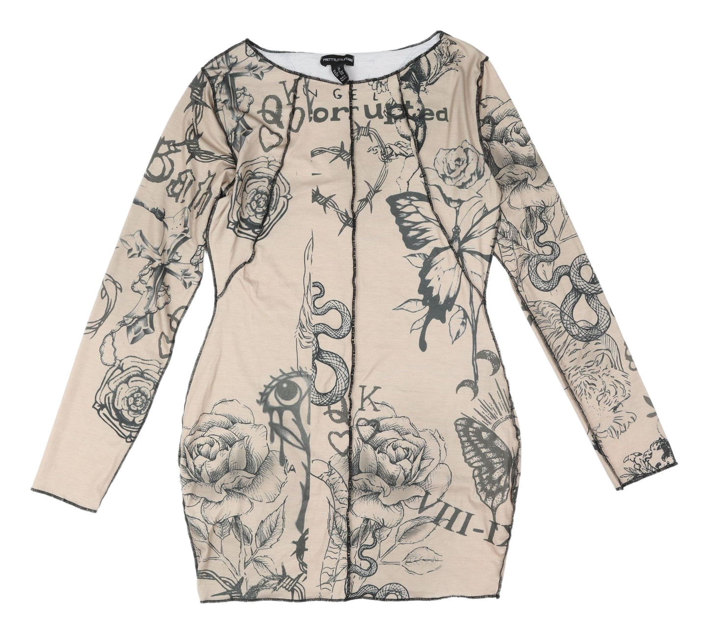 PrettyLittleThing Beige Graphic Bodycon Dress Size 12