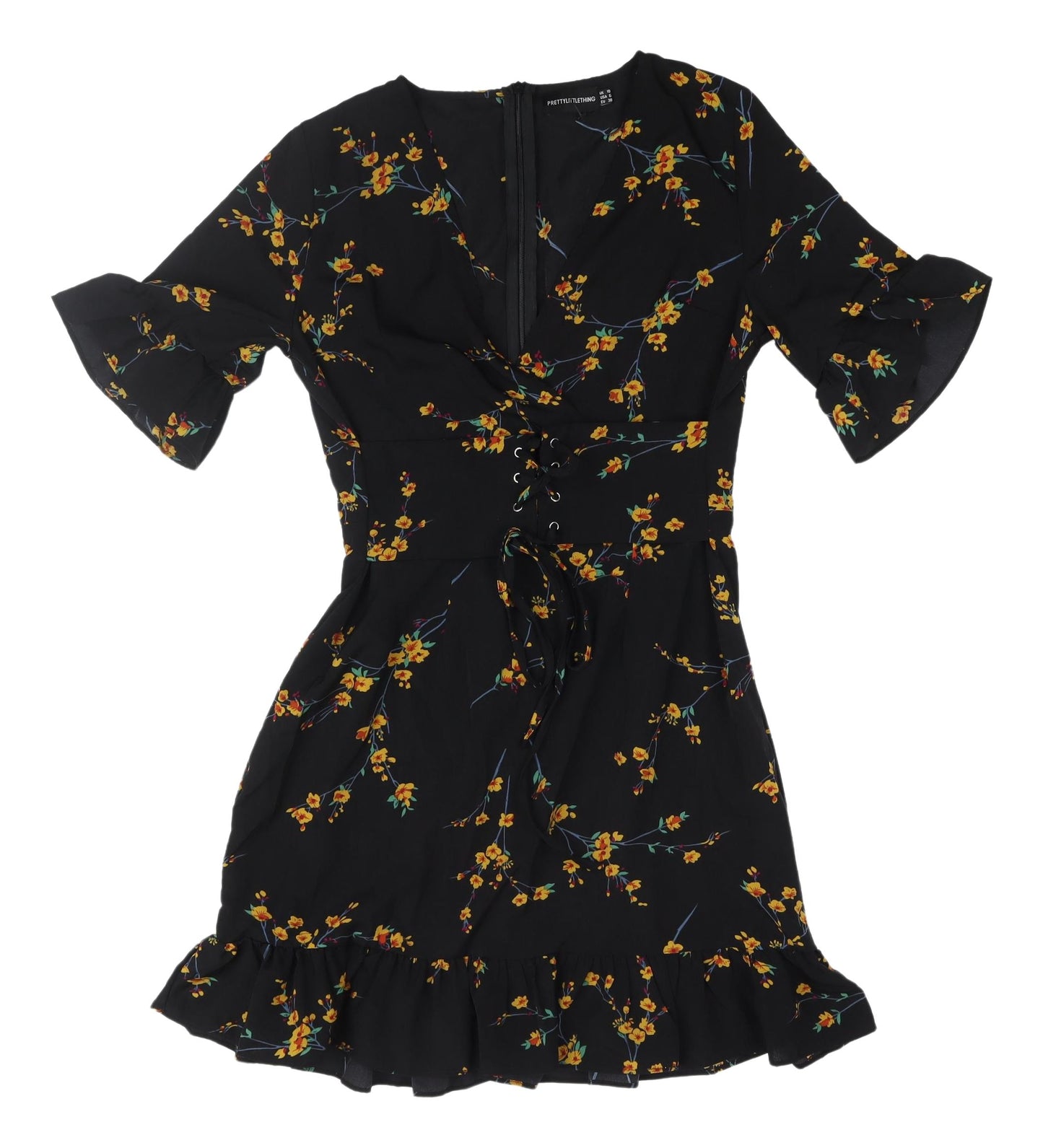 PrettyLittleThing Black Floral Wrap Dress - UK 10
